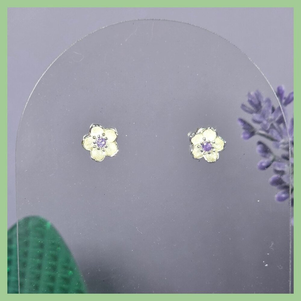 Sterling Silver Sakura Flower Stud Earrings With Purple Accents (NWOT)‎